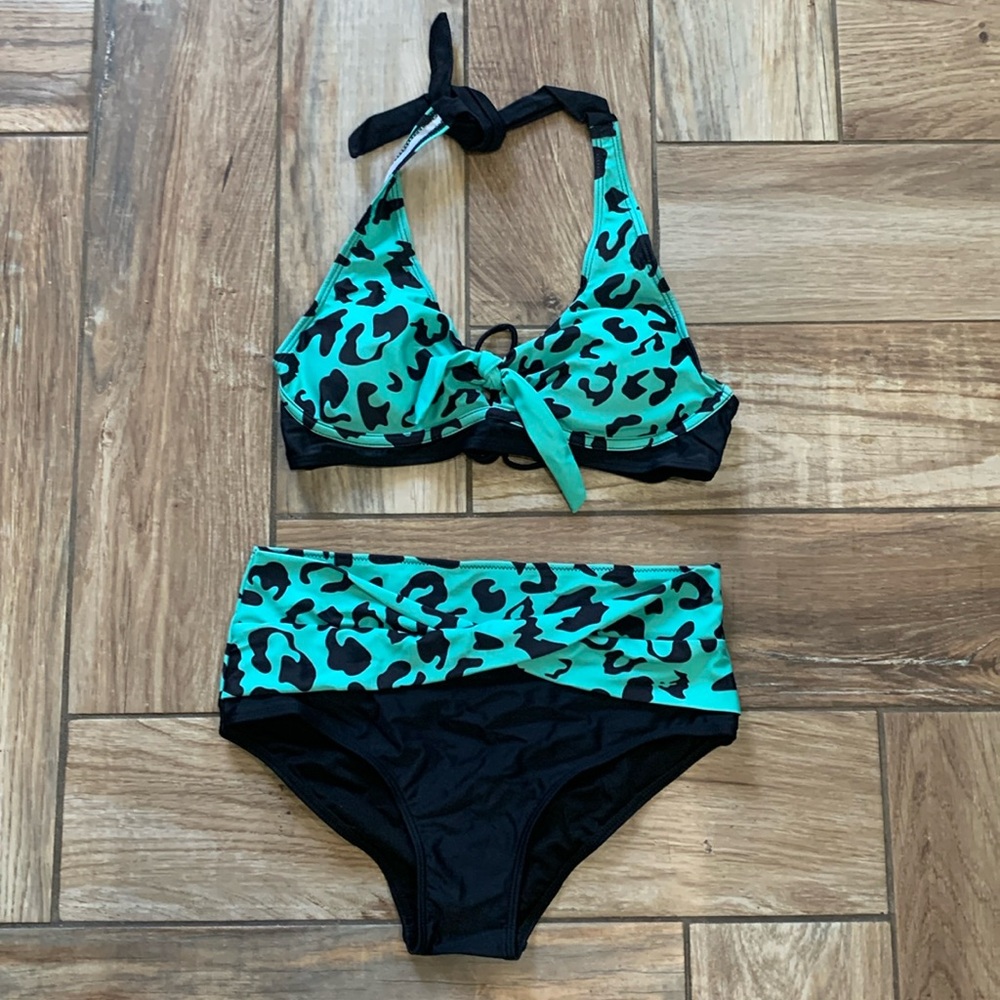 womens green black 2 piece bikini high waisted full bottom halter string top